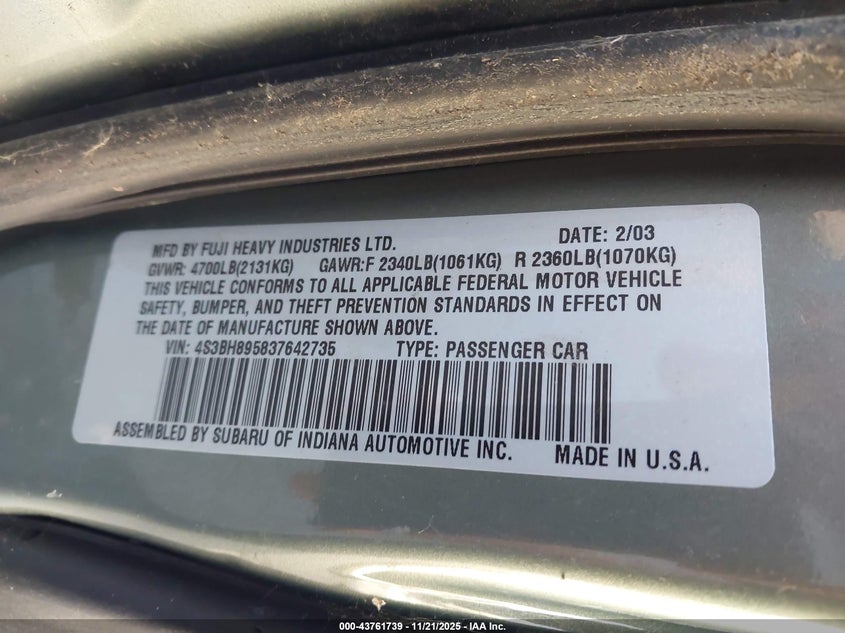 4S3BH895837642735 2003 SUBARU OUTBACK photo no. 9
