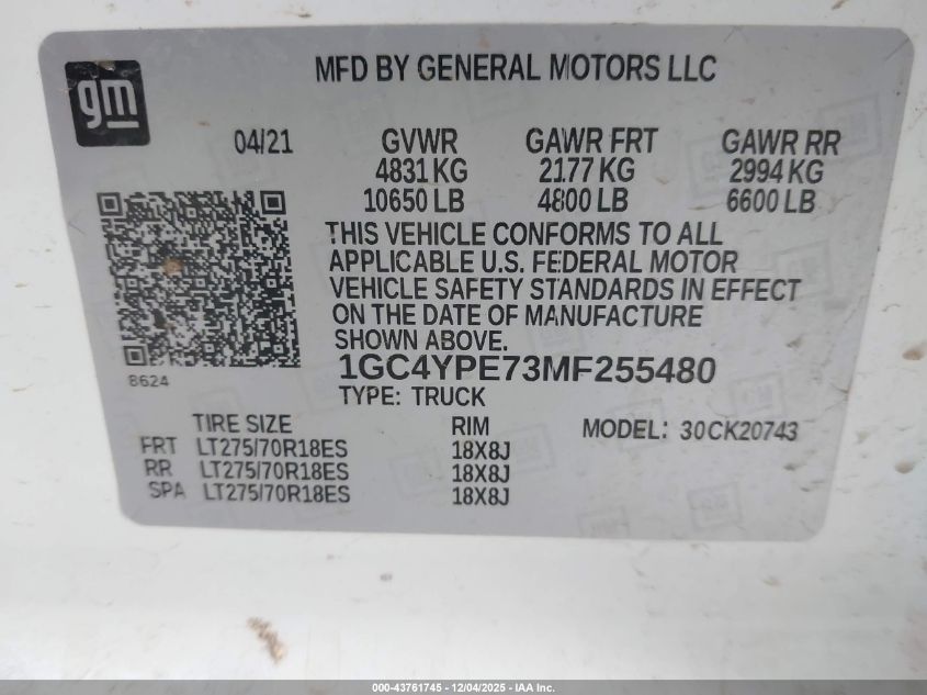 2021 Chevrolet Silverado 2500Hd 4Wd Standard Bed Ltz VIN: 1GC4YPE73MF255480 Lot: 43761745