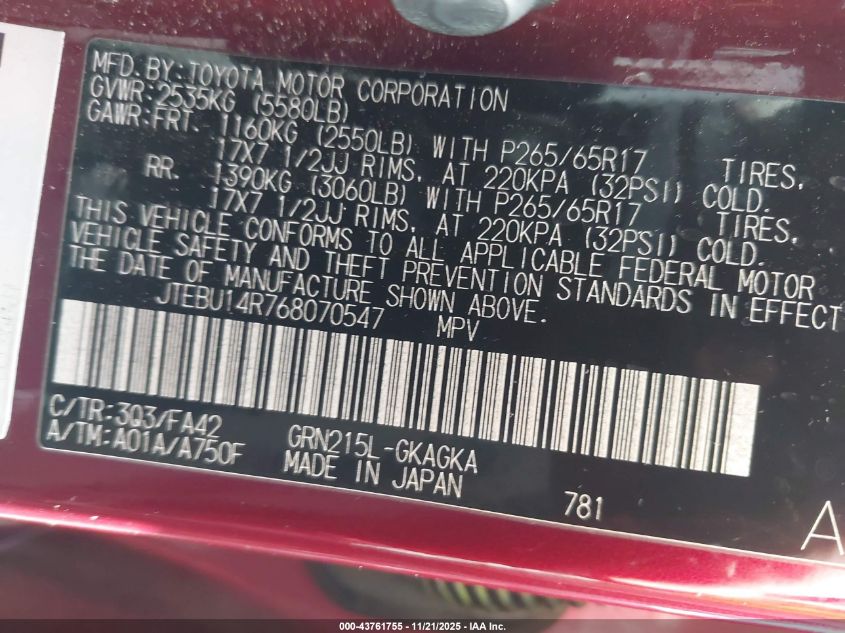 2006 Toyota 4Runner Sr5 V6 VIN: JTEBU14R768070547 Lot: 43761755