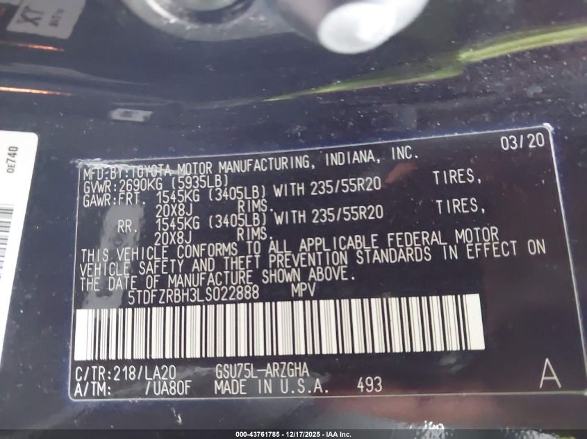 2020 Toyota Highlander Platinum VIN: 5TDFZRBH3LS022888 Lot: 43761785