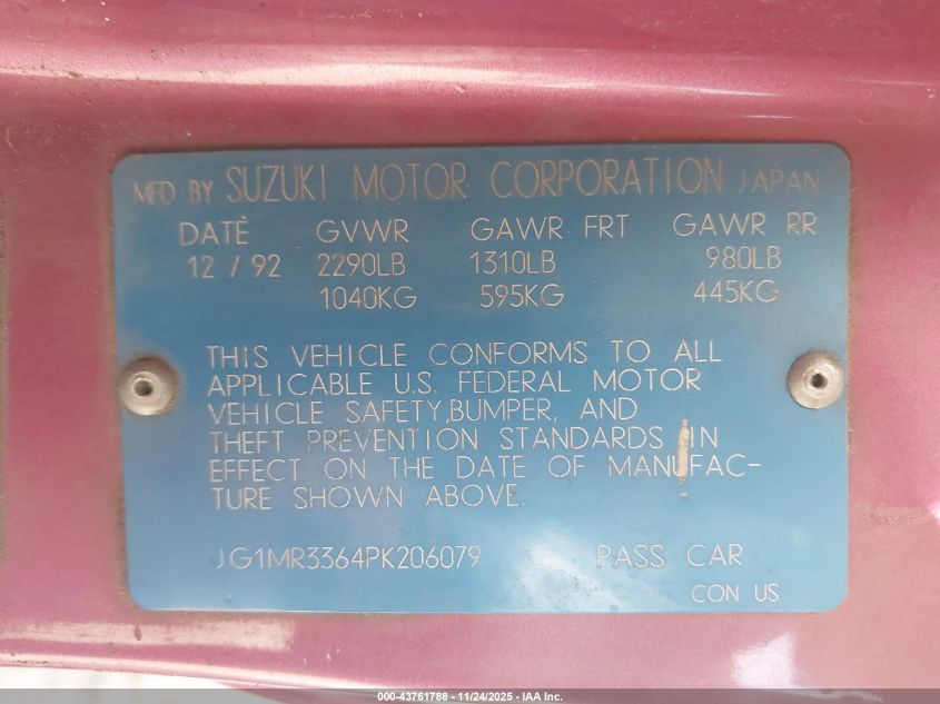 1993 Geo Metro Lsi Sprint Cl VIN: JG1MR3364PK206079 Lot: 43761788