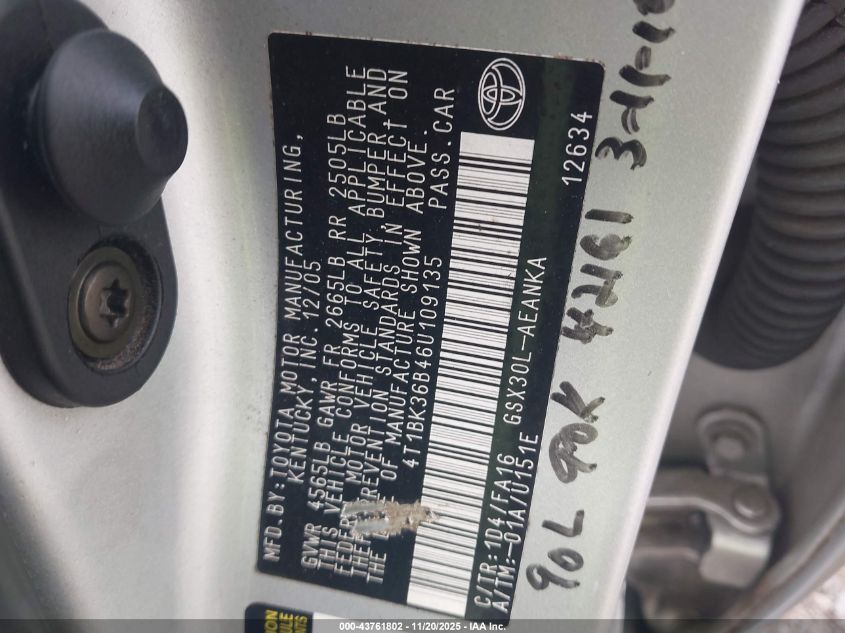 2006 Toyota Avalon Xl VIN: 4T1BK36B46U109135 Lot: 43761802