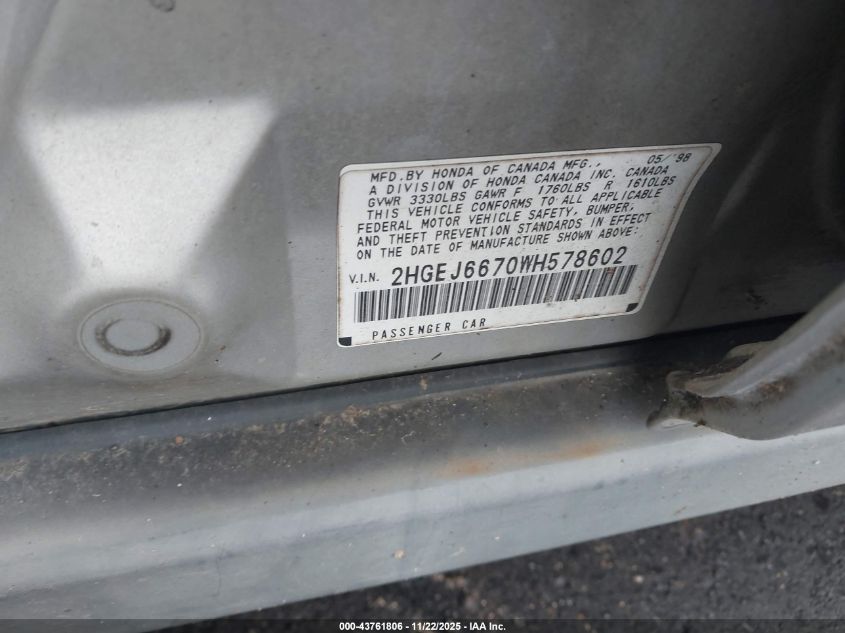 1998 Honda Civic Lx VIN: 2HGEJ6670WH578602 Lot: 43761806