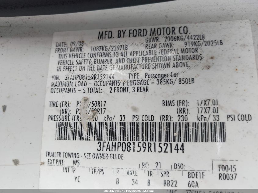 2009 Ford Fusion Sel VIN: 3FAHP08159R152144 Lot: 43761807