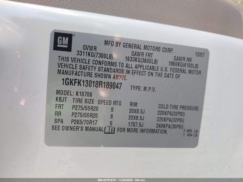 2008 GMC Yukon Slt VIN: 1GKFK13018R189047 Lot: 43761810