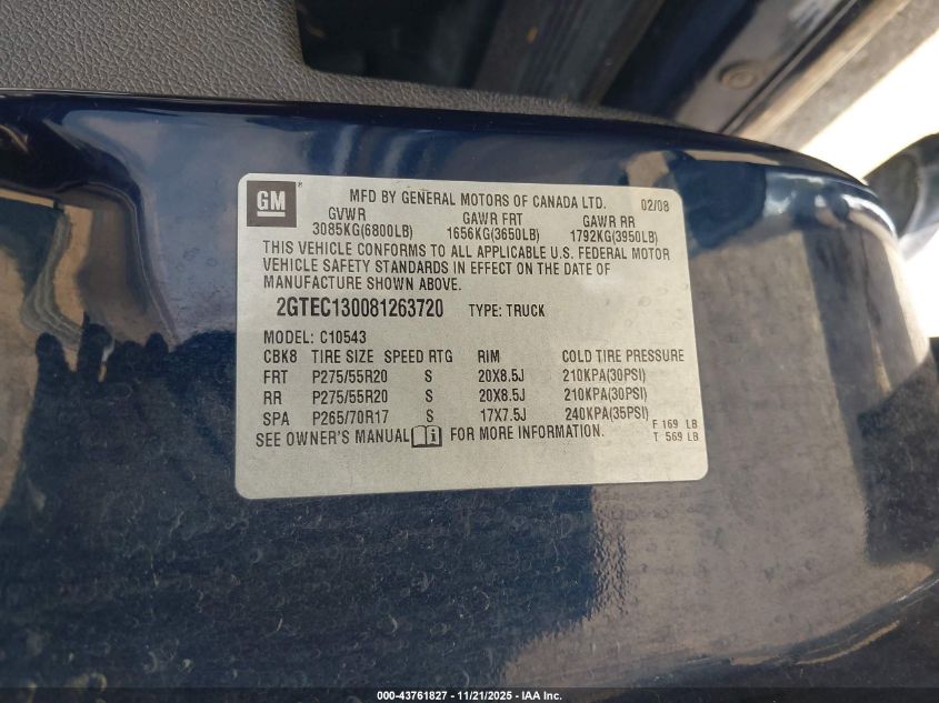 2008 GMC Sierra 1500 Sle1 VIN: 2GTEC130081263720 Lot: 43761827