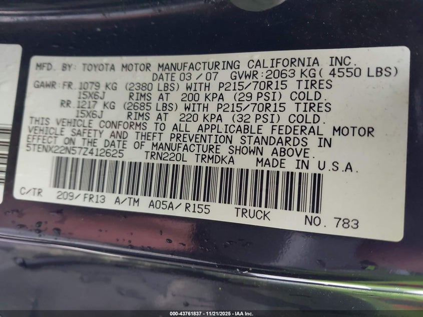 5TENX22N57Z412625 2007 TOYOTA TACOMA photo no. 9