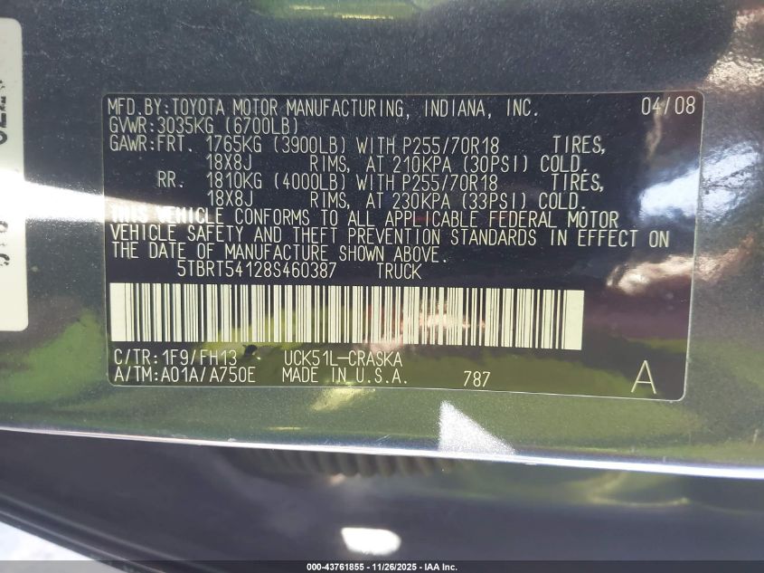 2008 Toyota Tundra Sr5 4.7L V8 VIN: 5TBRT54128S460387 Lot: 43761855