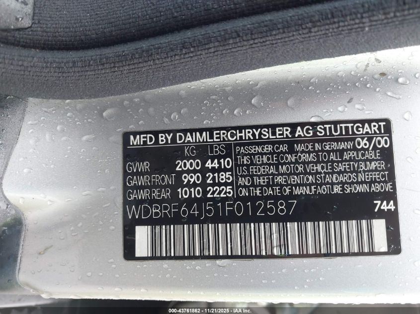 2001 Mercedes-Benz C 320 VIN: WDBRF64J51F012587 Lot: 43761862