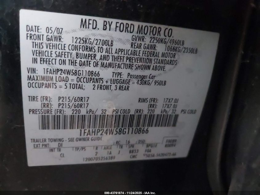 2008 Ford Taurus Sel VIN: 1FAHP24W58G110866 Lot: 43761874
