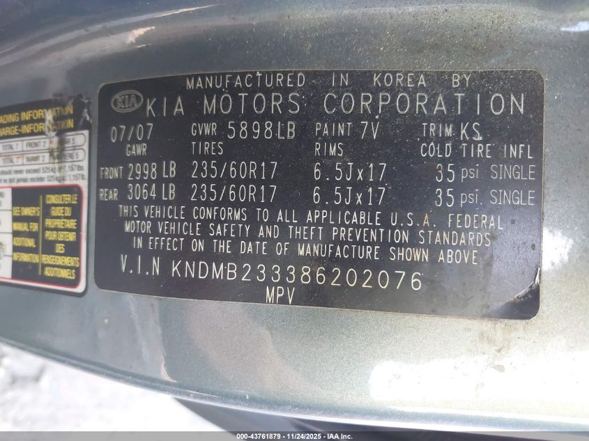 2008 Kia Sedona Ex VIN: KNDMB233386202076 Lot: 43761879