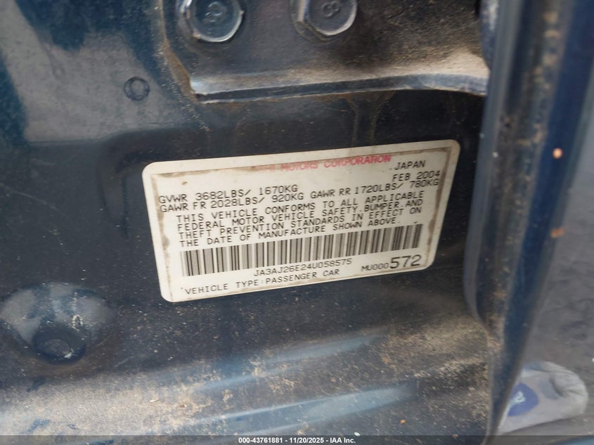 2004 Mitsubishi Lancer Es VIN: JA3AJ26E24U058575 Lot: 43761881