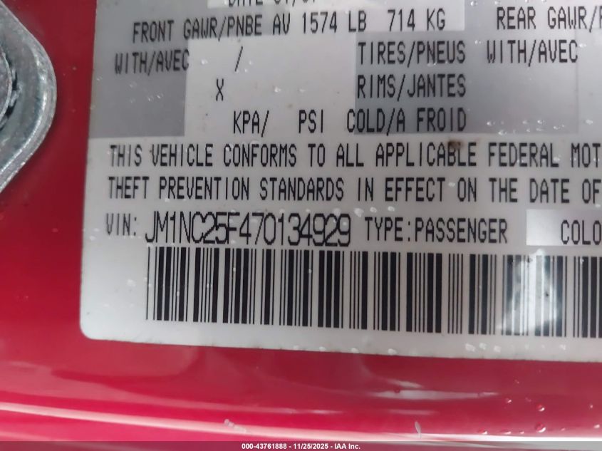 2007 Mazda Mx-5 Touring VIN: JM1NC25F470134929 Lot: 43761888