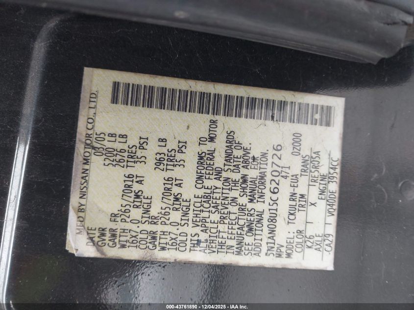 2005 Nissan Xterra S VIN: 5N1AN08U15C620726 Lot: 43761890