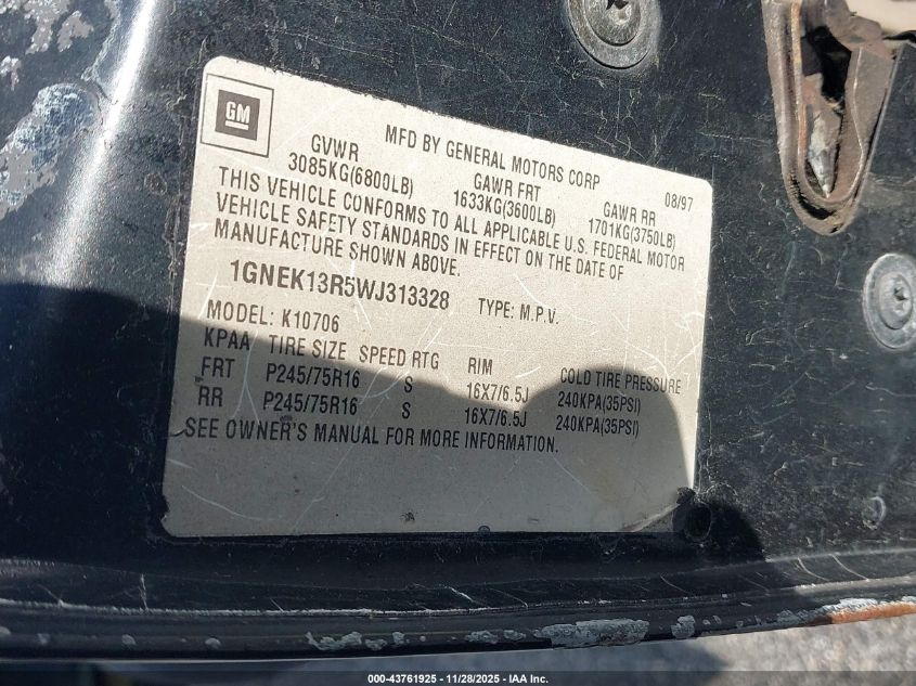 1998 Chevrolet Tahoe Ls VIN: 1GNEK13R5W1313328 Lot: 43761925