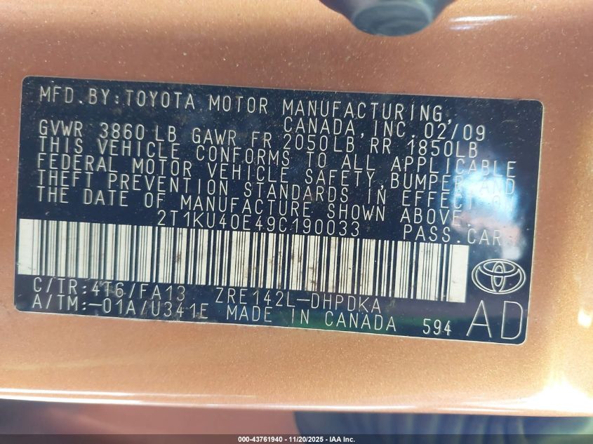 2009 Toyota Matrix VIN: 2T1KU40E49C190033 Lot: 43761940