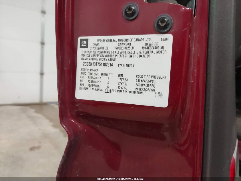 2005 Chevrolet Silverado 1500 Z71 VIN: 2GCEK13T751182514 Lot: 43761952