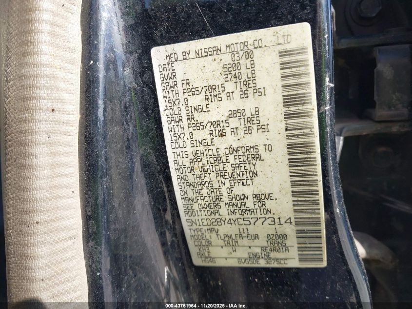 2000 Nissan Xterra Se/Xe VIN: 5N1ED28Y4YC577314 Lot: 43761964