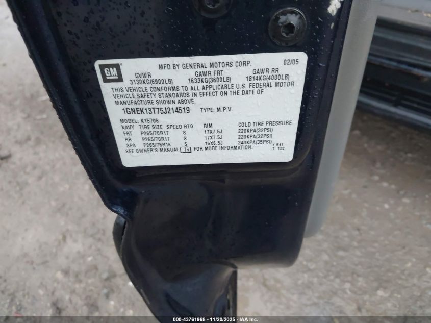 2005 Chevrolet Tahoe Lt VIN: 1GNEK13T75J214519 Lot: 43761968