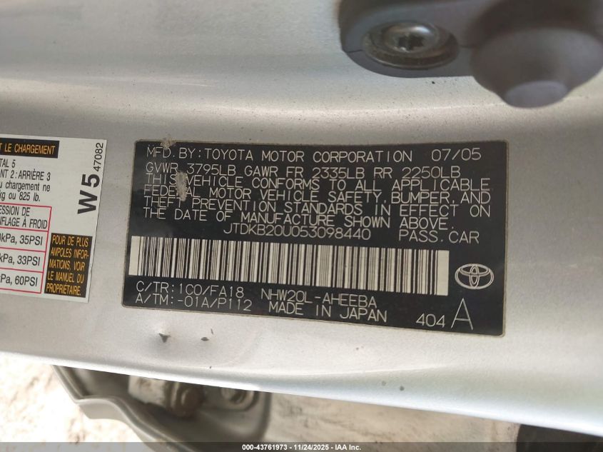 2005 Toyota Prius VIN: JTDKB20U053098440 Lot: 43761973