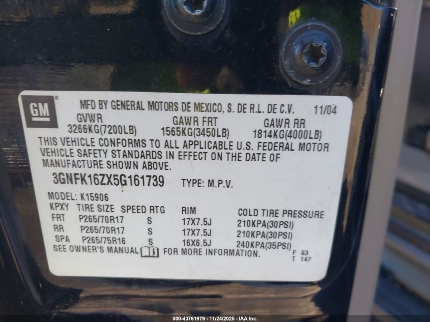 2005 Chevrolet Suburban 1500 Z71 VIN: 3GNFK16ZX5G161739 Lot: 43761979