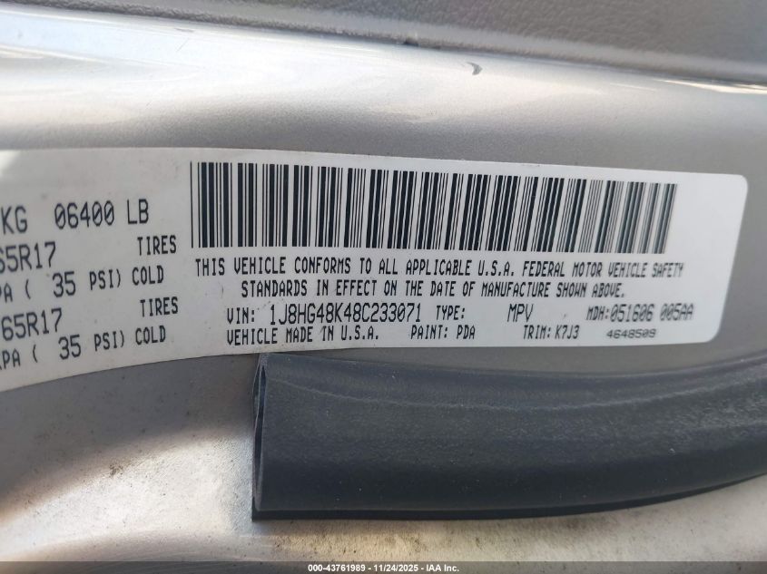 2008 Jeep Commander Sport VIN: 1J8HG48K48C233071 Lot: 43761989