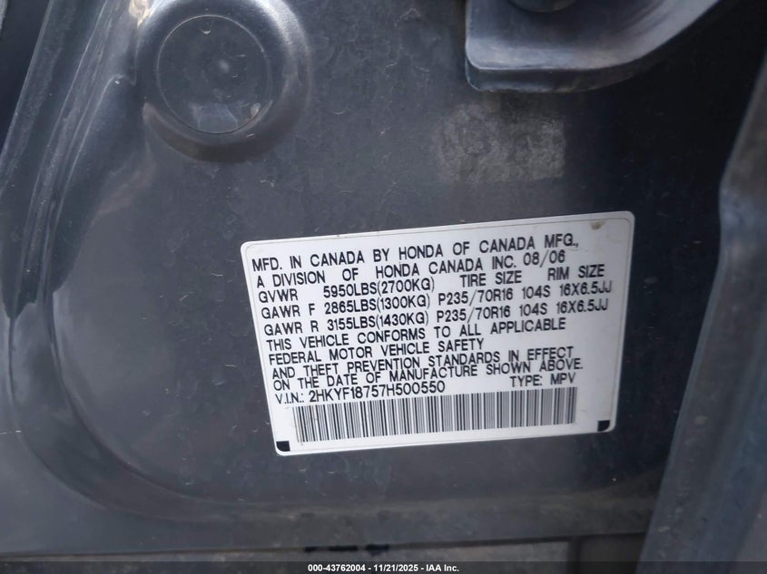 2007 Honda Pilot Ex-L VIN: 2HKYF18757H500550 Lot: 43762004