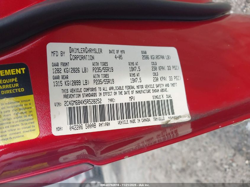 2005 Chrysler Pacifica Touring VIN: 2C4GM684X5R528252 Lot: 43762016