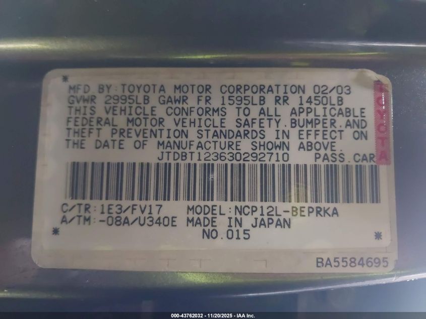 2003 Toyota Echo VIN: JTDBT123630292710 Lot: 43762032