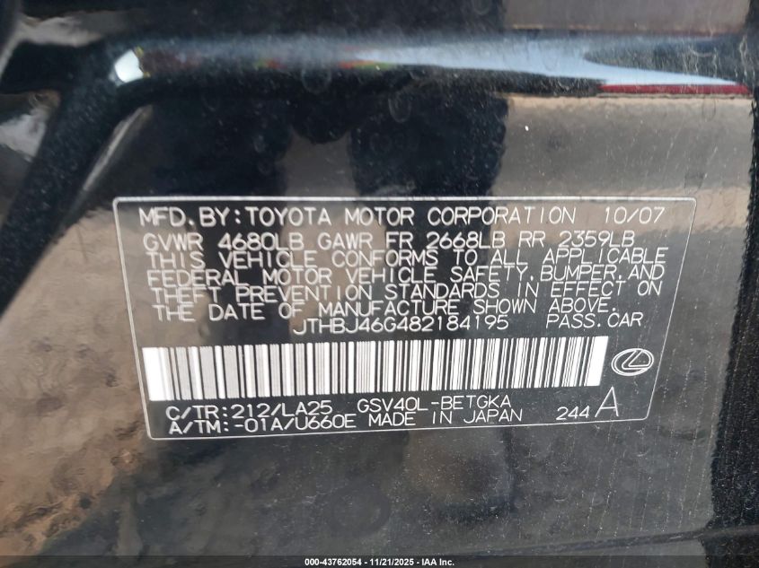 2008 Lexus Es 350 VIN: JTHBJ46G482184195 Lot: 43762054