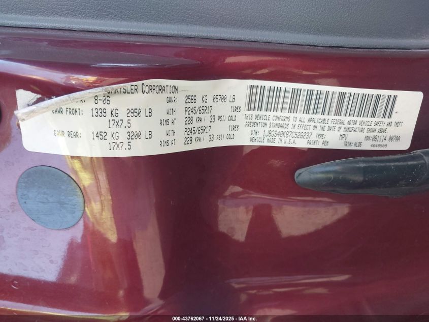 2007 Jeep Grand Cherokee Laredo VIN: 1J8GS48K87C526237 Lot: 43762067