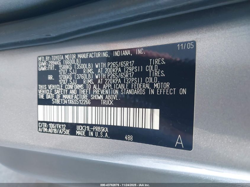 2006 Toyota Tundra Sr5 V8 VIN: 5TBET341X6S512266 Lot: 43762076