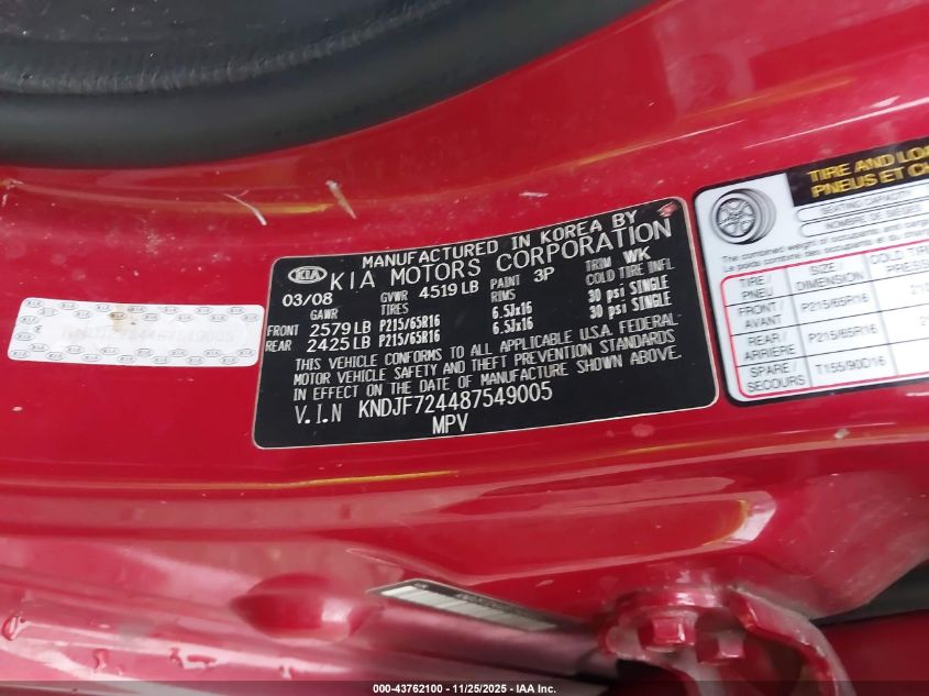 2008 Kia Sportage Lx VIN: KNDJF724487549005 Lot: 43762100