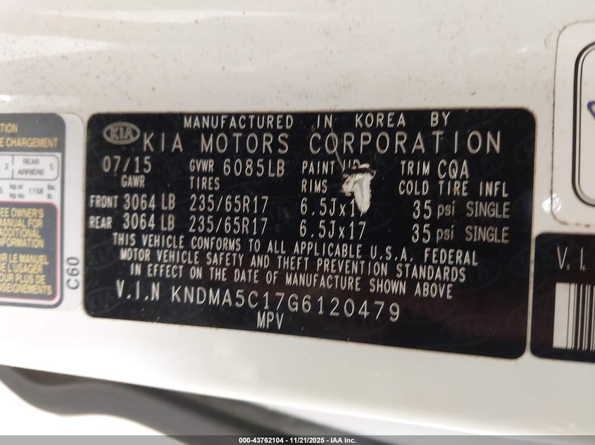 2016 Kia Sedona L VIN: KNDMA5C17G6120479 Lot: 43762104