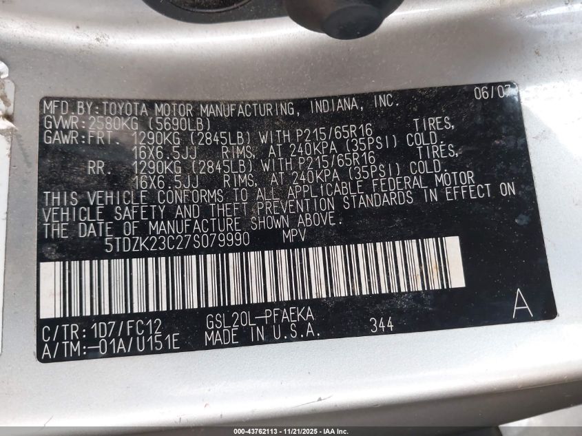 2007 Toyota Sienna Le VIN: 5TDZK23C27S079990 Lot: 43762113