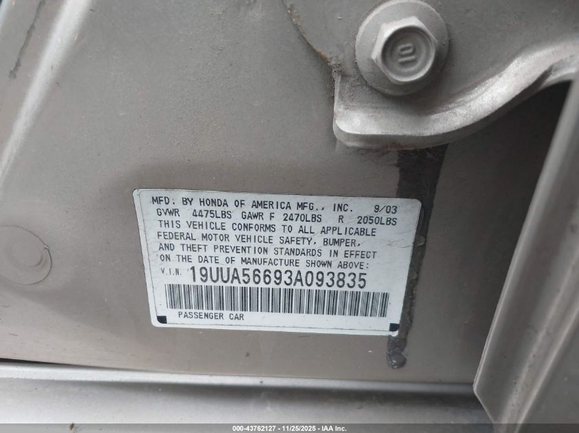 2003 Acura Tl 3.2 VIN: 19UUA56693A093835 Lot: 43762127