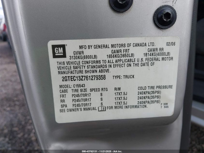 2006 GMC Sierra 1500 Sle1 VIN: 2GTEC13Z761279358 Lot: 43762131