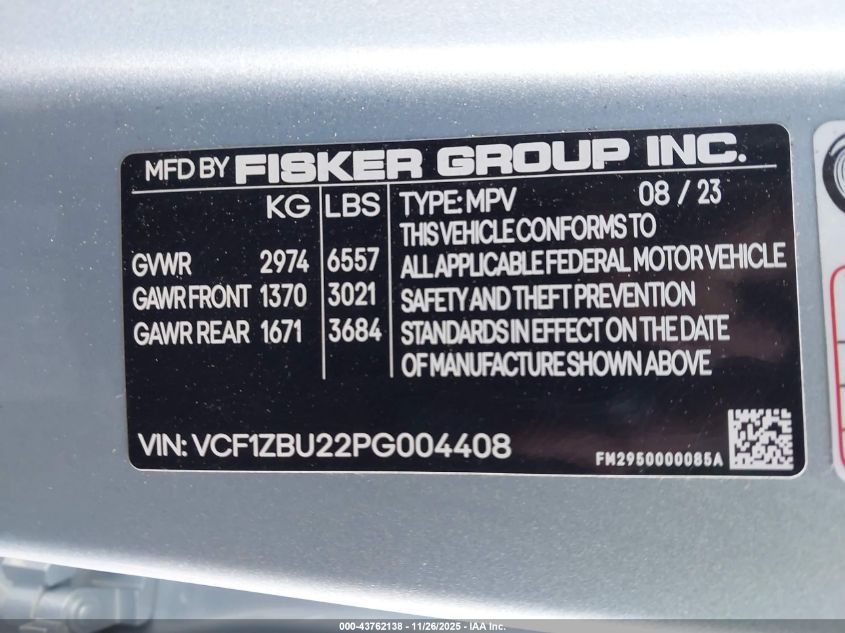 2023 Fisker Ocean One VIN: VCF1ZBU22PG004408 Lot: 43762138