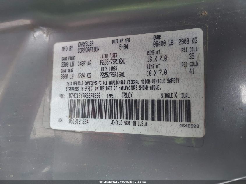 1994 Dodge Ram 1500 VIN: 1B7HC16Y7RS674290 Lot: 43762144