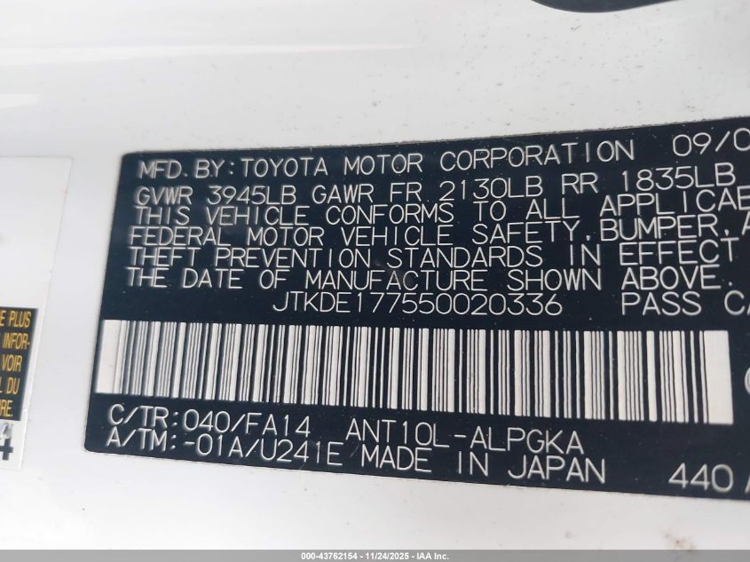 2005 Scion Tc VIN: JTKDE177550020336 Lot: 43762154