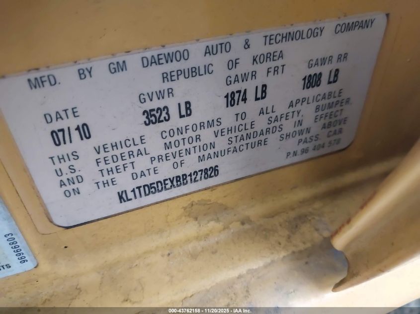 2011 Chevrolet Aveo 1Lt VIN: KL1TD5DEXBB127826 Lot: 43762158