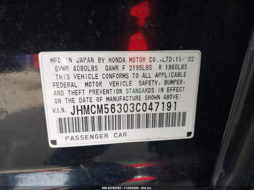 2003 Honda Accord 2.4 Lx VIN: JHMCM56303C047191 Lot: 43762162