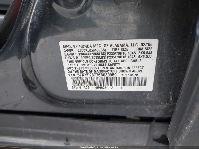 2006 Honda Pilot Ex-L VIN: 5FNYF28776B030959 Lot: 43762207