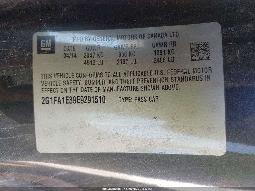 2014 Chevrolet Camaro 2Ls VIN: 2G1FA1E39E9291510 Lot: 43762209