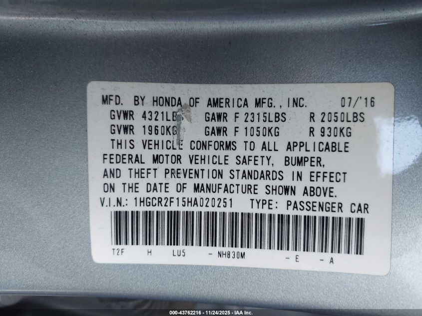 2017 Honda Accord Sport Se VIN: 1HGCR2F15HA020251 Lot: 43762216