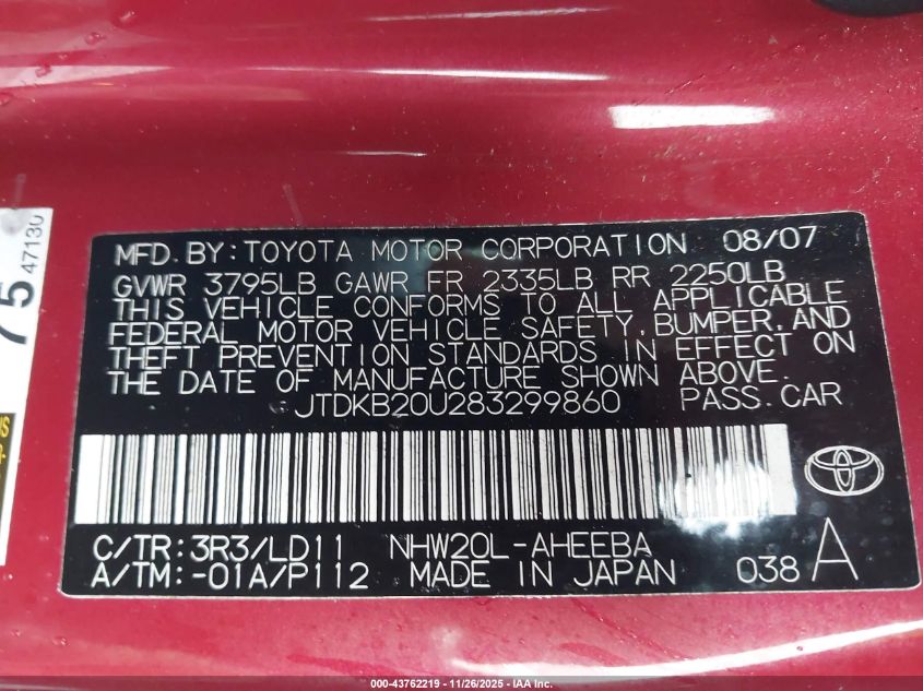 2008 Toyota Prius VIN: JTDKB20U283299860 Lot: 43762219