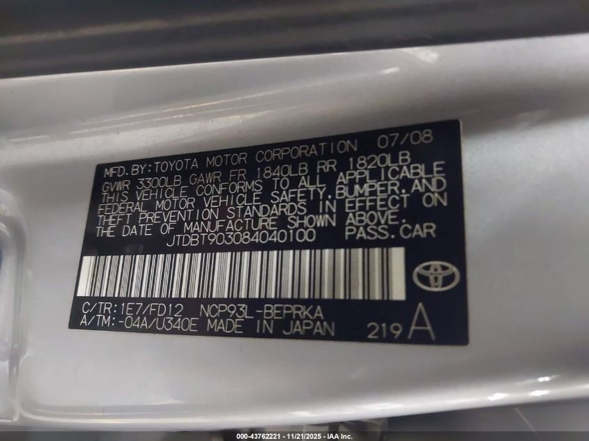 2008 Toyota Yaris VIN: JTDBT903084040100 Lot: 43762221