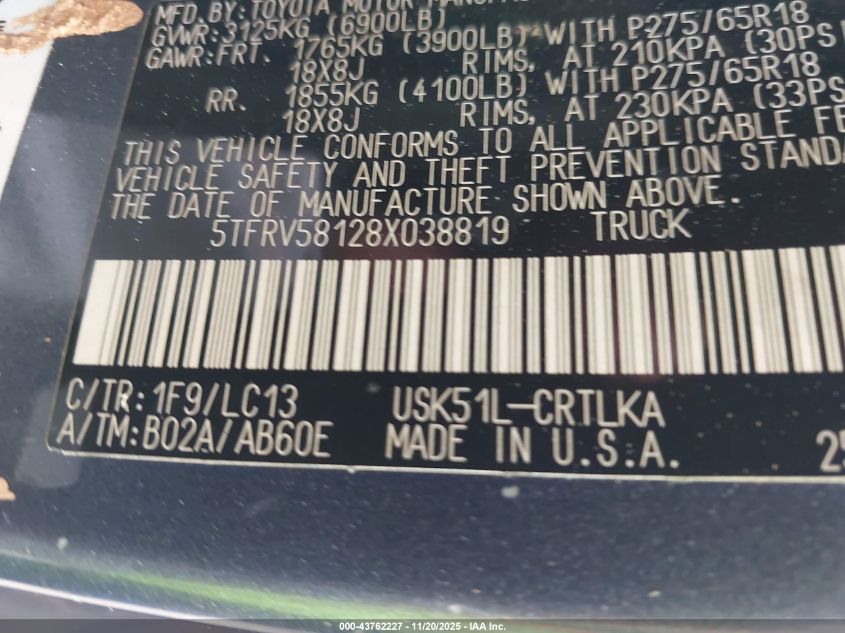 2008 Toyota Tundra Limited 5.7L V8 VIN: 5TFRV58128X038819 Lot: 43762227