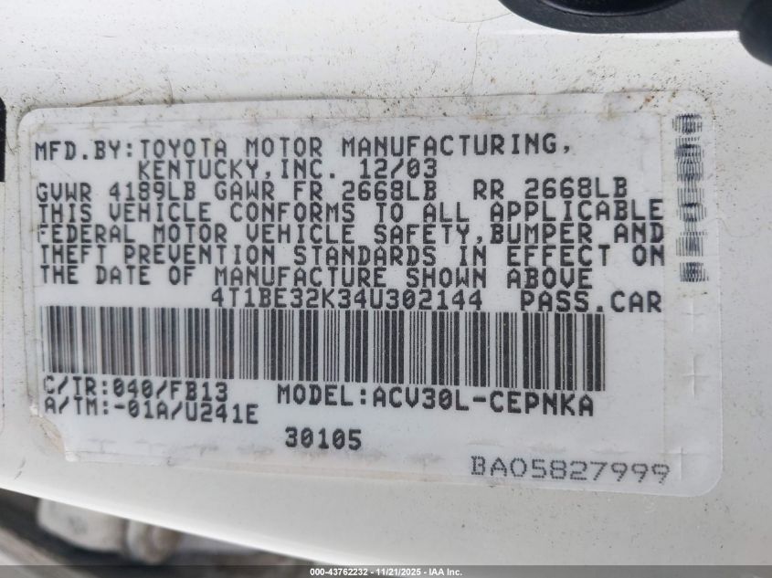 2004 Toyota Camry Le VIN: 4T1BE32K34U302144 Lot: 43762232