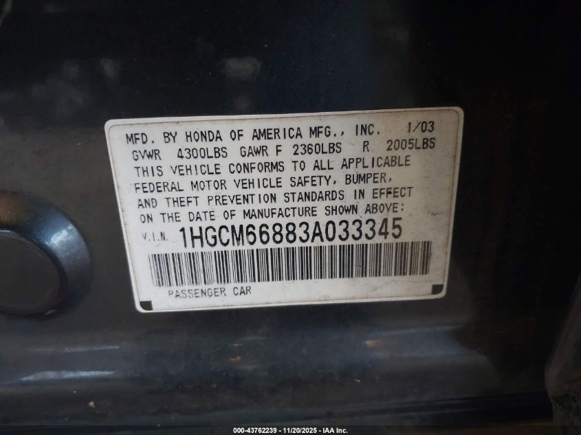 2003 Honda Accord 3.0 Ex VIN: 1HGCM66883A033345 Lot: 43762239